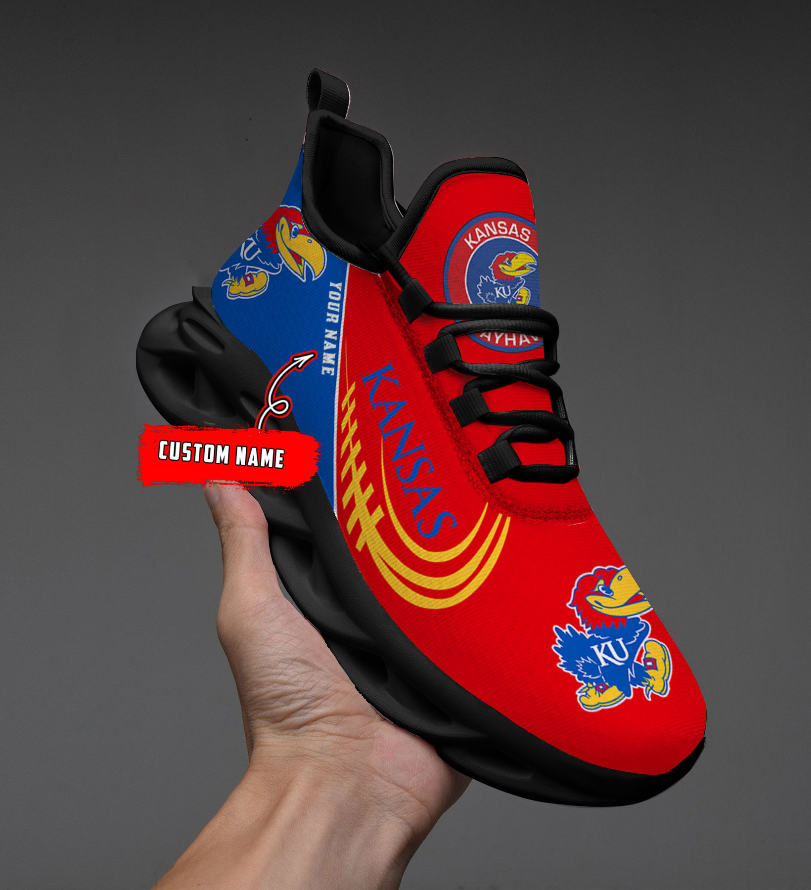 Benutzerdefinierter Name Kansas Jayhawks Personalisierte Max-Schuhe DS006