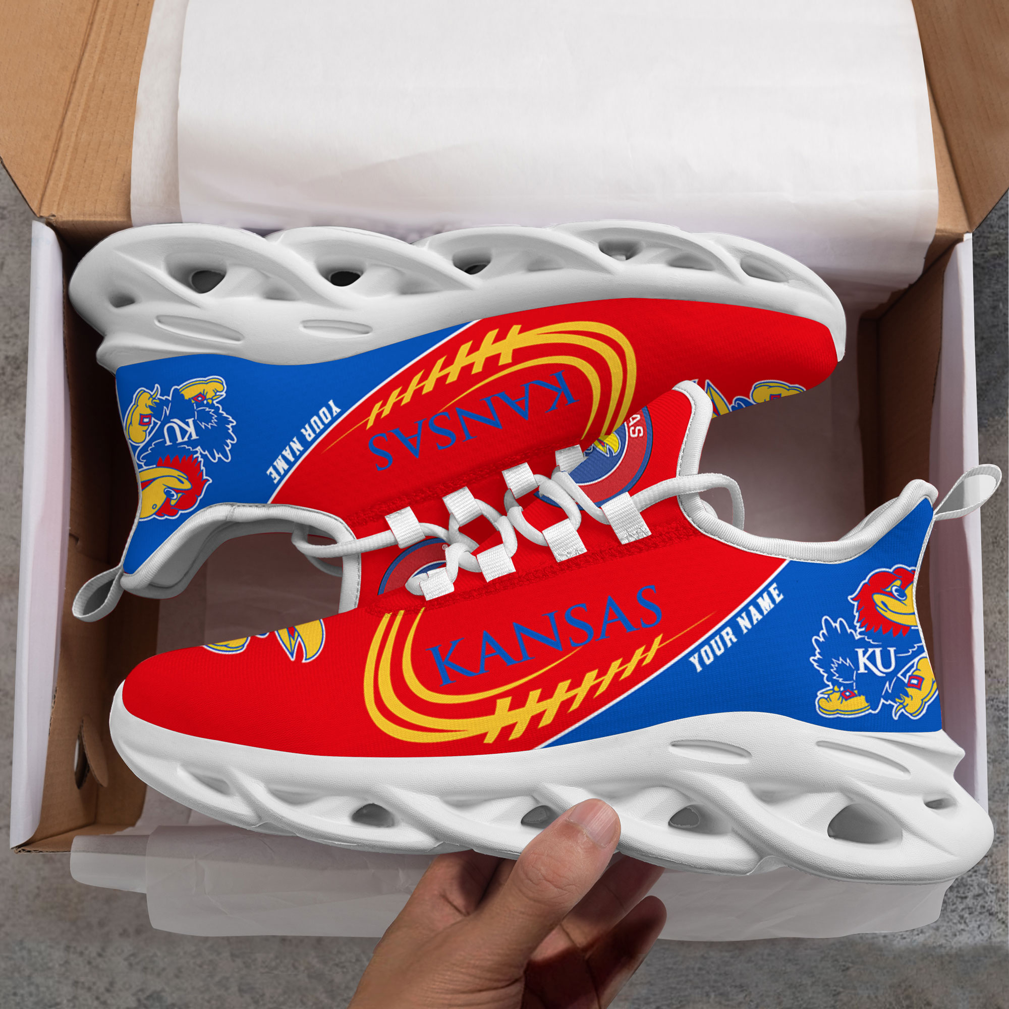Benutzerdefinierter Name Kansas Jayhawks Personalisierte Max-Schuhe DS006