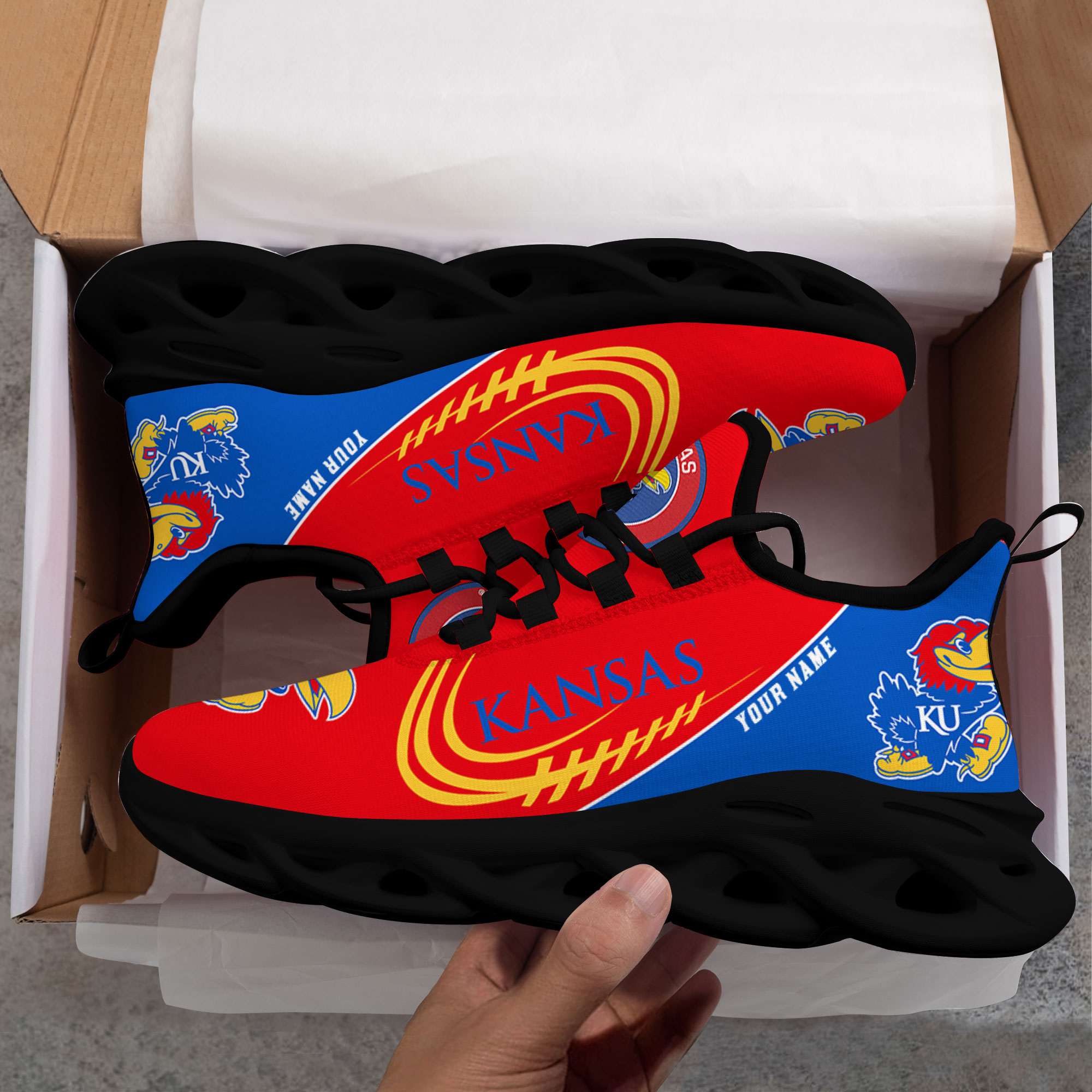 Benutzerdefinierter Name Kansas Jayhawks Personalisierte Max-Schuhe DS006