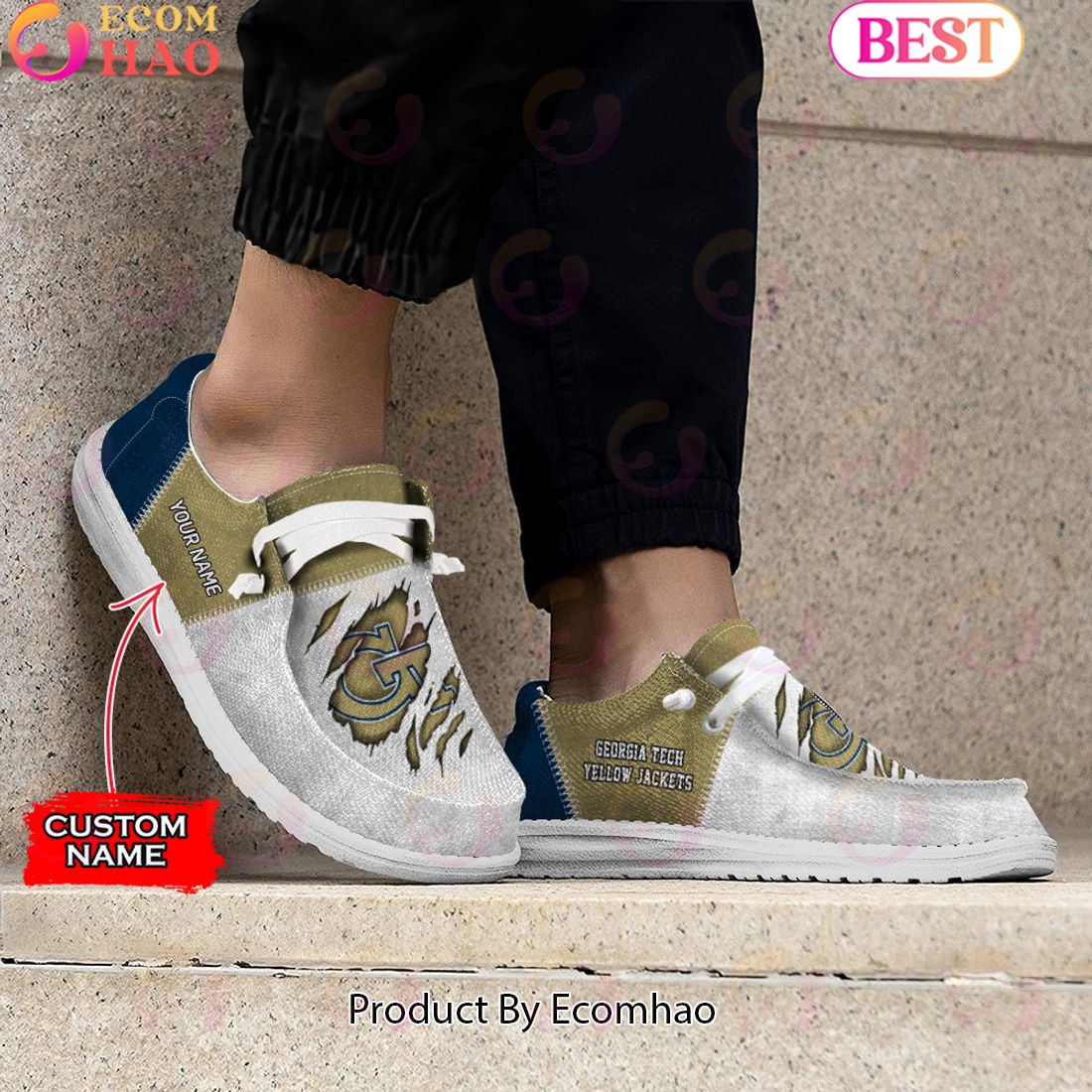 Georgia Tech Yellow Jackets Personalisierte Hey Dude Sportschuhe – individuelles Namensdesign, perfektes Geschenk für Fans