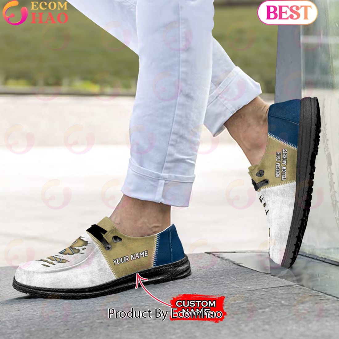 Georgia Tech Yellow Jackets Personalisierte Hey Dude Sportschuhe – individuelles Namensdesign, perfektes Geschenk für Fans
