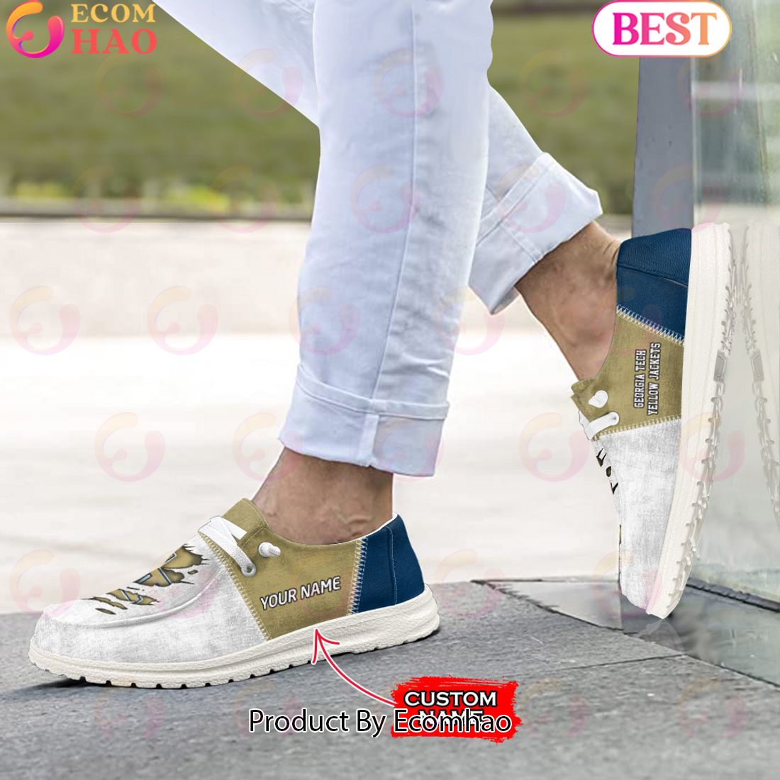 Georgia Tech Yellow Jackets Personalisierte Hey Dude Sportschuhe – individuelles Namensdesign, perfektes Geschenk für Fans