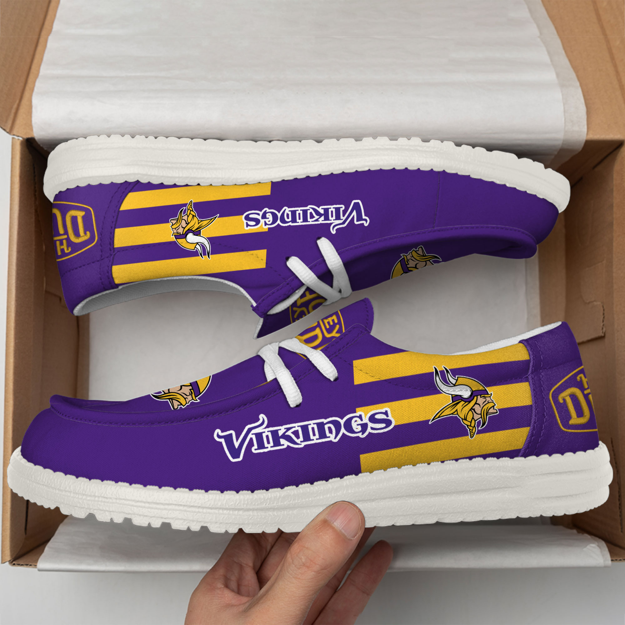 Minnesota Vikings personalisierte Hey Dude-Sportschuhe – individuelles Namensdesign, perfektes Geschenk für Fans